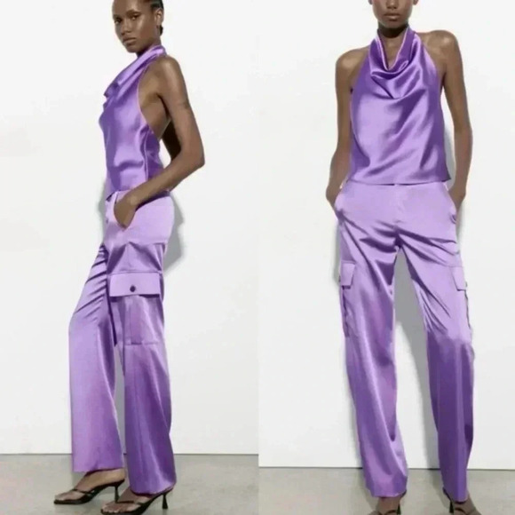 ZARA Satin Purple TROUSERS CARGO PANTS Lightweight Size S NWT - Picture 1 of 6